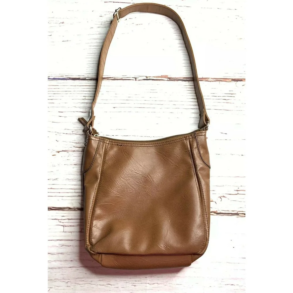 Retro NINE WEST Brown‎ Faux Leather Purse Medium Lined Zip Cognac Shoulder Bag